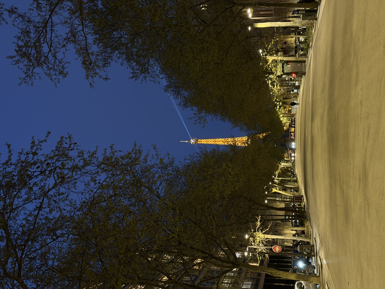 Tour Eiffel illuminée vue depuis l'avenue