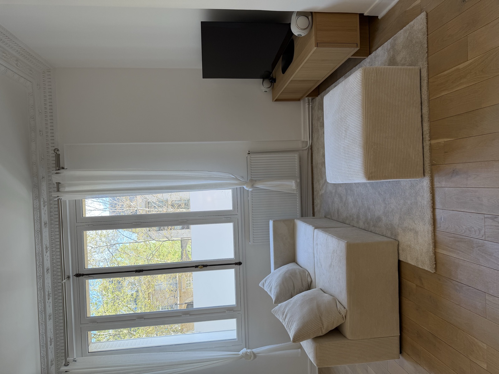 Canapé confortable avec vue sur les arbres de l'avenue